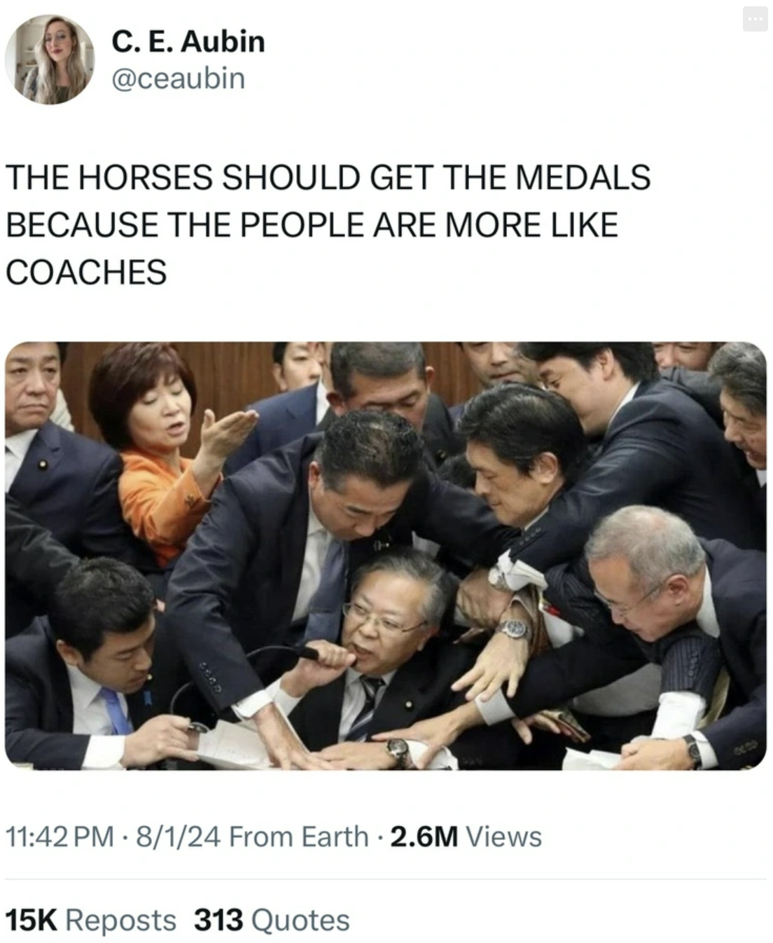 japanese parliament trying to stop shinichi yokoyama - C. E. Aubin The Horses Should Get The Medals Because The People Are More Coaches 8124 From Earth 2.6M Views 15K Reposts 313 Quotes